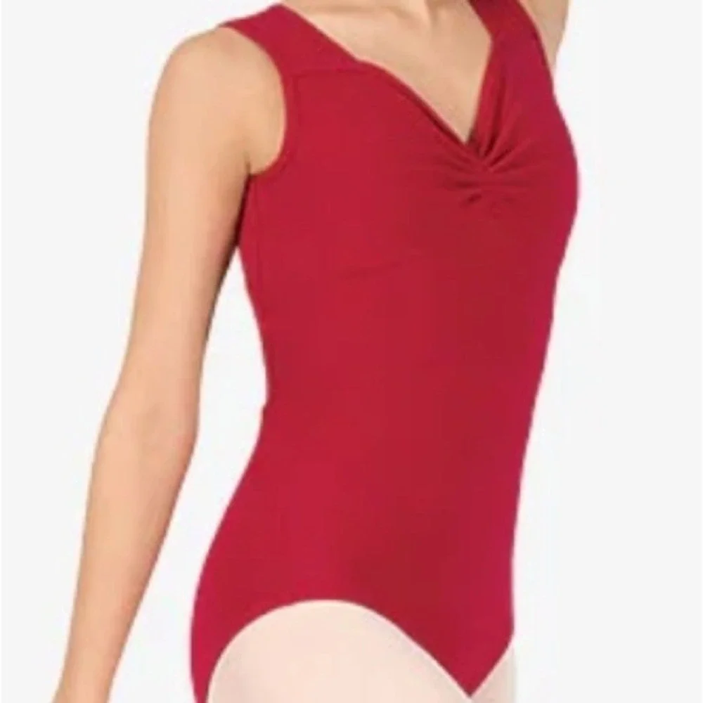 CM Theatricals Classwear Red Black Keyhole Dance Leotard Sleeveless Open X Back